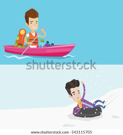 Two travel banners with space for text. Vector flat design. Horizontal layout. Cheerful man traveling by kayak. Young man having fun on a snowy day while sledding on snow rubber tube in the mountains.