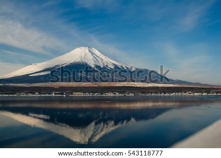 The sacred mountain of Fuji in the background of blue sky at Japan