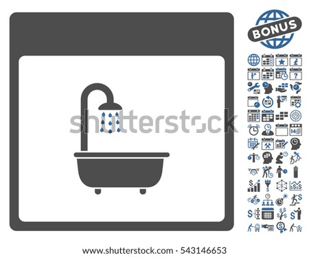 Shower Bath Calendar Page pictograph with bonus calendar and time management clip art. Vector illustration style is flat iconic symbols, cobalt and gray, white background.
