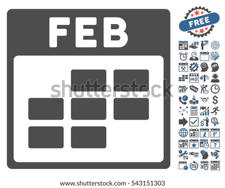February Calendar Grid pictograph with bonus calendar and time management clip art. Vector illustration style is flat iconic symbols, cobalt and gray, white background.