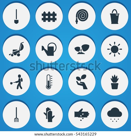 Set Of 16 Editable Garden Icons. Includes Symbols Such As Seed Planting, Hay Fork, Working Gloves And More. Can Be Used For Web, Mobile, UI And Infographic Design.