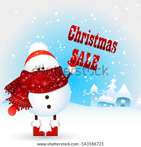Cute Christmas Snowman holds text Christmas SALE. vector  illustration.