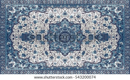 Persian Carpet Texture, abstract ornament. Round mandala pattern, Middle Eastern Traditional Carpet Fabric Texture. Turquoise milky blue grey brown yellow red Royalty-Free Stock Photo #543200074