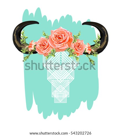 Beautiful vector  horns with flowers. Hand drawn boho chic style design elements with deer antler, roses, branches, leaves and various flowers isolated on white background