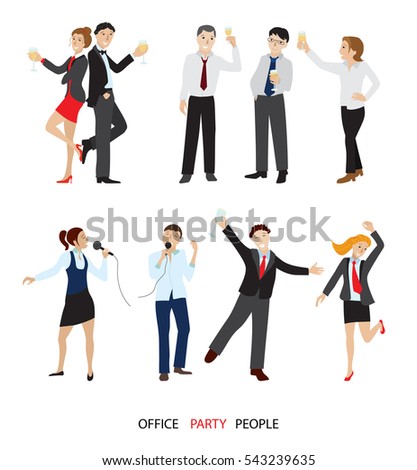 Office party people set, men and women in formal clothes with champagne glasses, singing and dancing, black and gold, flat vector illustration