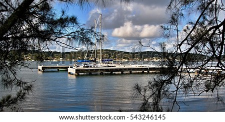 "F" Jetty - Wharf at Lake Macquarie with trees in the foreground and a blue cumulus cloudy sky. New South Wales, Australia.

