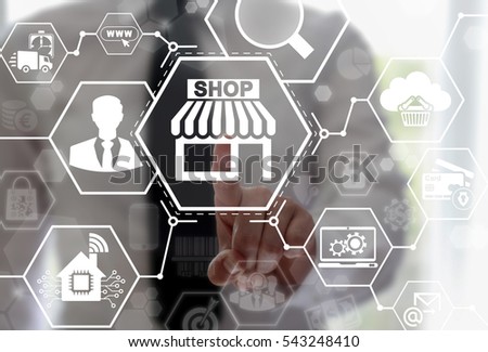 Store shopping web computer online business concept. Store icon buy internet shop sale market supermarket marketing mobile iot technology