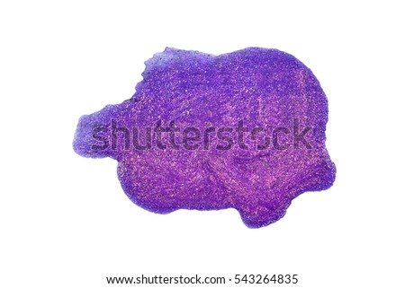 Violet nail polish blot with golden glitter particles, isolated on white background, clipping path included