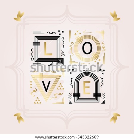 Black and golden abstract word LOVE frame emblems on pink gradient background