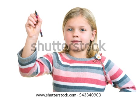 cute little girl drawing in the air or imaginary screen