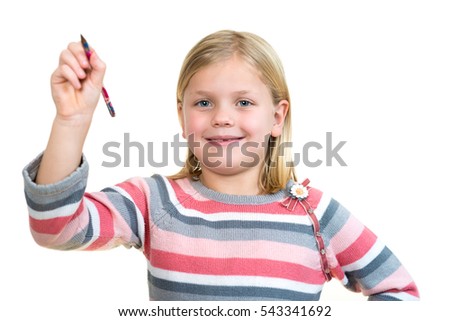 cute little girl drawing in the air or imaginary screen