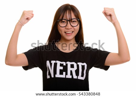 Young happy Asian nerd teenage girl smiling and looking motivated