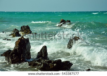 View of storm seascape. Sea background. Waves. waves crashing on shore