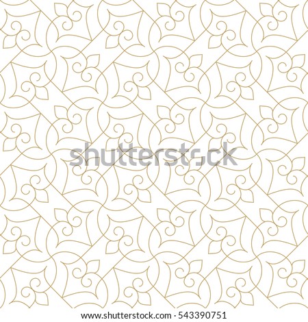 Seamless linear pattern with crossing thin curved lines and scrolls. Golden abstract geometric texture on white. Stylish background in gray and white colors.