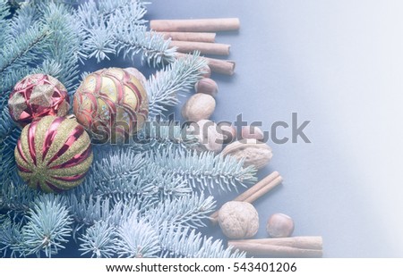 Christmas decoration on abstract background,vintage filter,soft focus. Christmas balls and snowflake on abstract background.