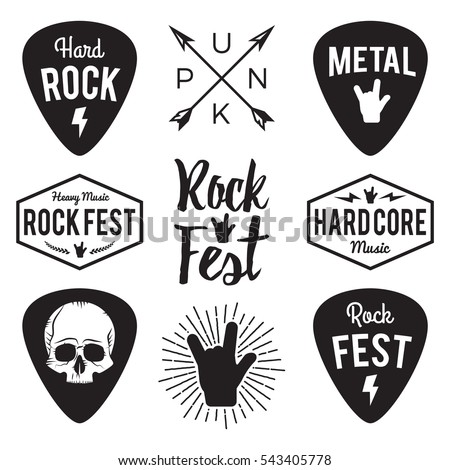 Rock fest badge/Label vector set. For band signage, prints and stamps. Black festival hipster logo with guitars, skull and hand