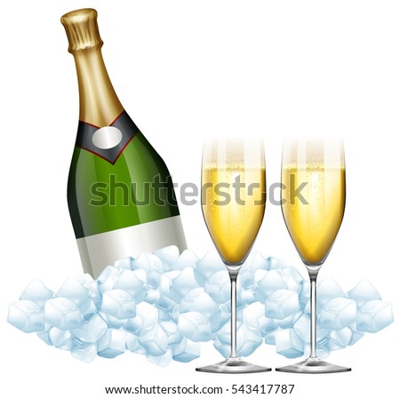 Two glasses of champagne and bottle in ice illustration