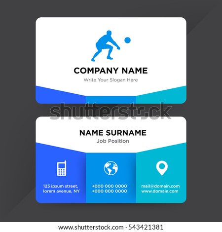 Template of business card for sport services company with blue volleyball player  vector on gray background, elements of phone and earth icons on cyan colored ground