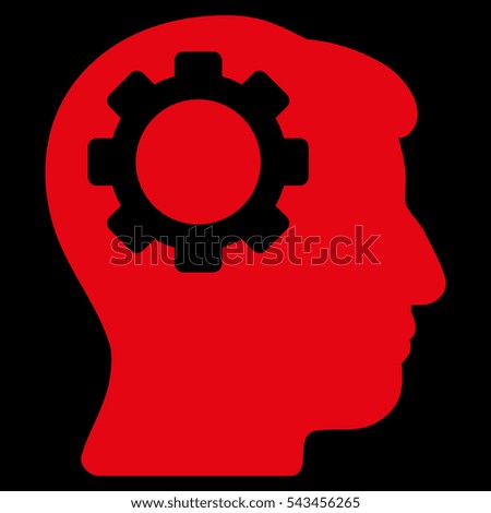 Brain Gear glyph pictograph. Style is flat graphic symbol, red color, black background.
