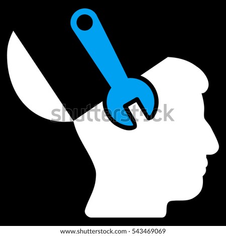 Mind Wrench Surgery glyph icon. Style is flat graphic bicolor symbol, blue and white colors, black background.