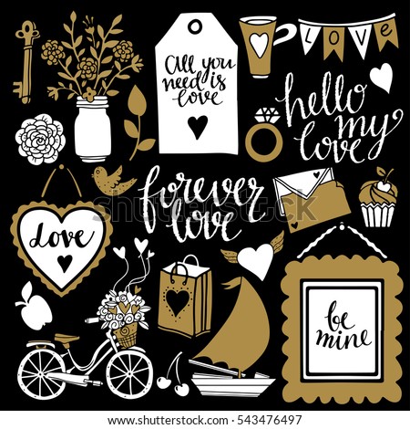 Valentines day hand drawn, scrapbooking design elements, icons set isolated on black background. Hand written font, lettering