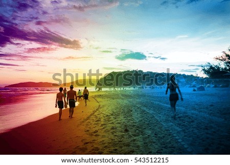 Adult people walking on a beach on sunny day. Young boys and girl enjoying a summer day in tropical paradise for travel, lifestyle business concept, blog, magazine. Image with rainbow color filter
