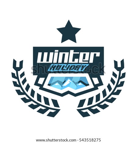 Logo winter holiday. Label, stamp. Ski goggles, snow mountains reflection. Sports lifestyle. Vector illustration
