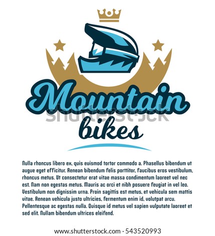 Invitation to participate in downhill mountain biking. Extreme sport. The emblem of the bicycle helmet. Template for text. Vector illustration. Flat style