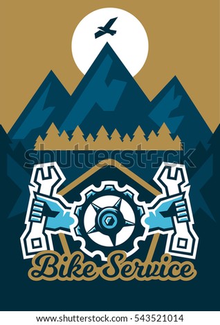 Vector illustration on the theme of extreme sport and mountain biking. Landscape, forest, fresh air. The invitation to the event. A bicycle sprocket and hand holding a wrench on the sides.