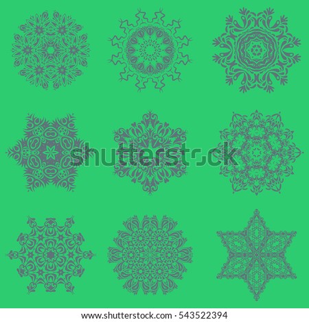 Winter Holiday Knitted Pattern with Circles, Dots and Nine vector Snowflakes set On a green Background.