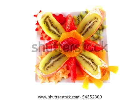 raw fruits on plate over white background