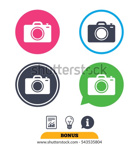 Photo camera sign icon. Digital photo camera symbol. Report document, information sign and light bulb icons. Vector