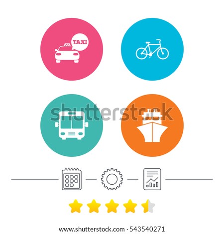 Transport icons. Taxi car, Bicycle, Public bus and Ship signs. Shipping delivery symbol. Speech bubble sign. Calendar, cogwheel and report linear icons. Star vote ranking. Vector