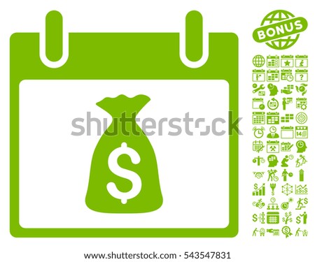 Money Bag Calendar Day pictograph with bonus calendar and time management clip art. Vector illustration style is flat iconic symbols, eco green, white background.