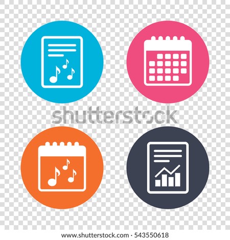 Report document, calendar icons. Music notes sign icon. Musical symbol. Transparent background. Vector