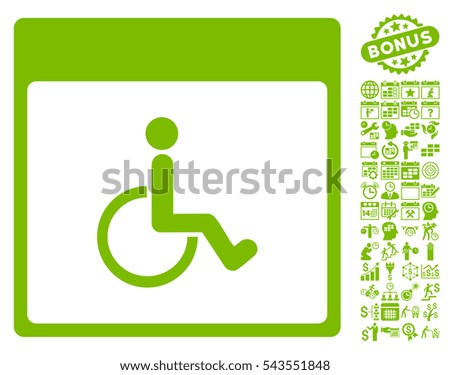 Handicapped Calendar Page pictograph with bonus calendar and time management clip art. Vector illustration style is flat iconic symbols, eco green, white background.