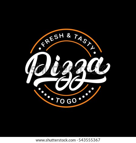 Pizza hand written lettering logo, label, badge. Emblem for fast food restaurant, pizzeria, cafe. Isolated on background. Vector illustration.