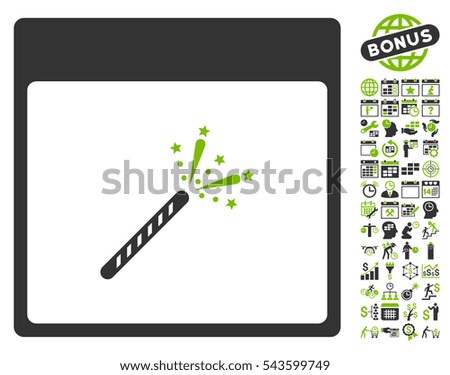 Sparkler Firecracker Calendar Page icon with bonus calendar and time management clip art. Vector illustration style is flat iconic symbols, eco green and gray, white background.