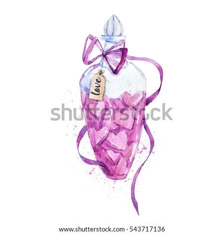 Watercolor illustration of a love potion.  print valentine's day.  candy hearts in a glass bottle. bow ribbon