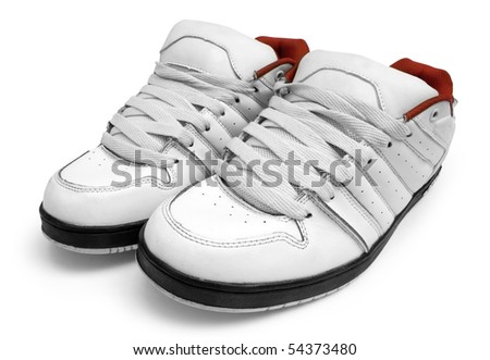 One steam of white trainers on white background
