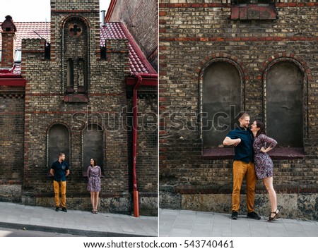 Two-in-one picture of stunning young couple posing before old brick house