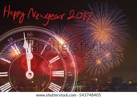 Happy New Year 2017, Firework and Vintage clock at midnight.