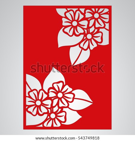 Die cut card. Laser cut vector panel. Cutout silhouette with botanical pattern. Filigree leaves for paper cutting.