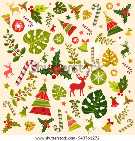 Merry christmas greeting card. Vector collection of christmas elements with background. New year decorations.