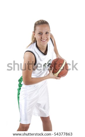 Smiling female basketball player, isolated on white background