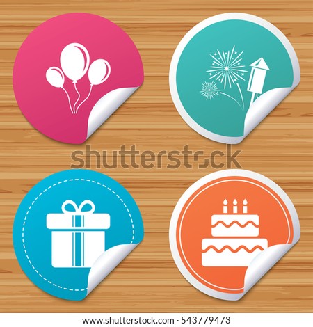 Round stickers or website banners. Birthday party icons. Cake and gift box signs. Air balloons and fireworks symbol. Circle badges with bended corner. Vector