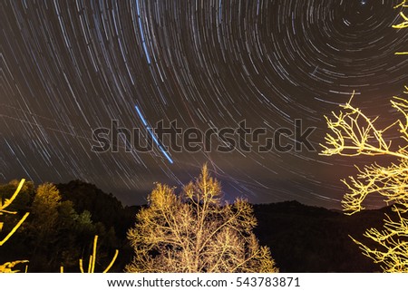 star trail photography: circumpolar photography within the forest close to Santa Maria de Besora, Barcelona, Spain