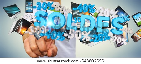 Businessman on blurred background touching sales icons with his finger 3D rendering