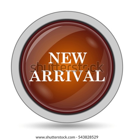 New arrival icon, orange website button on white background.
