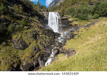 Drivandefossen waterfall with rainbow, Norway, Scandinavia, Europe